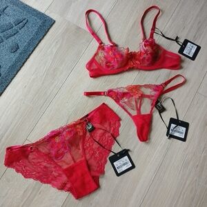 NEW Honey Birdette 32A XS Christine red sparkly floral embroidered bra panty set